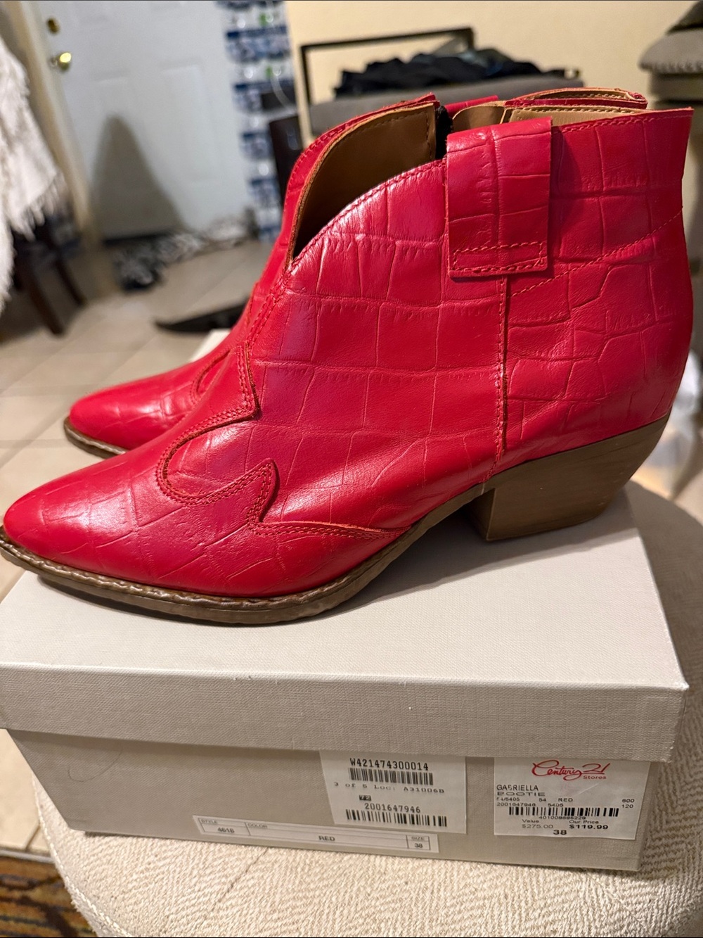 Gabriella Hot Pink Croc-Embossed Western Ankle Bootie